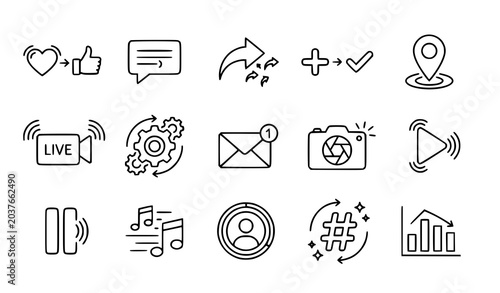 Bild auf Leinwand Clean animated user interface outline icons with social media controls and seaml