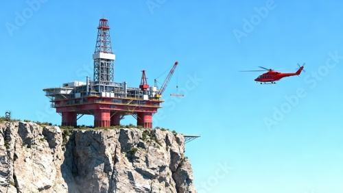 Oil rig on cliff with helicopter
