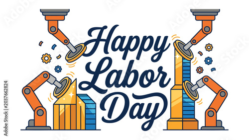 Tableau sur toile Robotic Celebration of Labor Day: A creative graphic illustration depicting robotic arms assembling buildings with gears and confetti, celebrating Labor Day with a modern, industrial theme