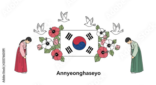 Photography South Korean Greeting Illustration with Hanbok Couple and Hibiscus