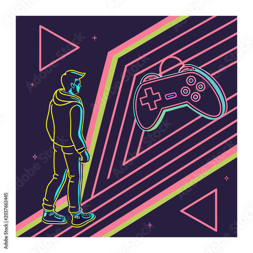 Tableau sur toile Gamer looking at a glowing game controller in neon abstract background with game