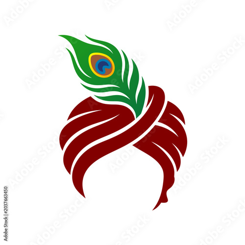 Traditional Indian maroon turban with green peacock feather illustration