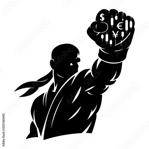 A high‑contrast vector silhouette collection blending martial arts discipline with financial symbolism — representing agility, precision, recovery, and dominance in global markets. Each design merges 