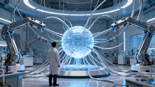 Scientist in futuristic lab with robotic arms