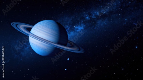 Blue planet with rings in space