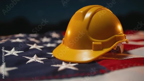 A bright yellow hard hat rests on a folded American flag, representating Labor Day of USA