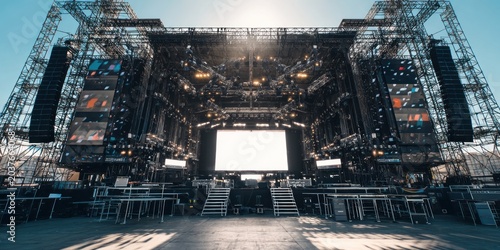 Large concert stage structure with bright lights and empty stage during daylight
