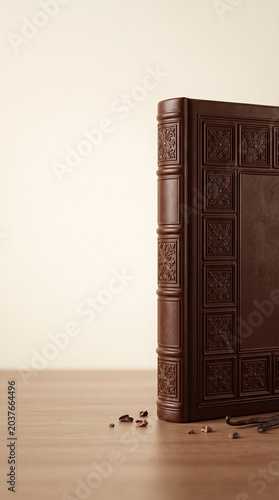 Blank book mock-up. A thick, luxurious book bound in realistic dark chocolate texture standing upright on the right side. 