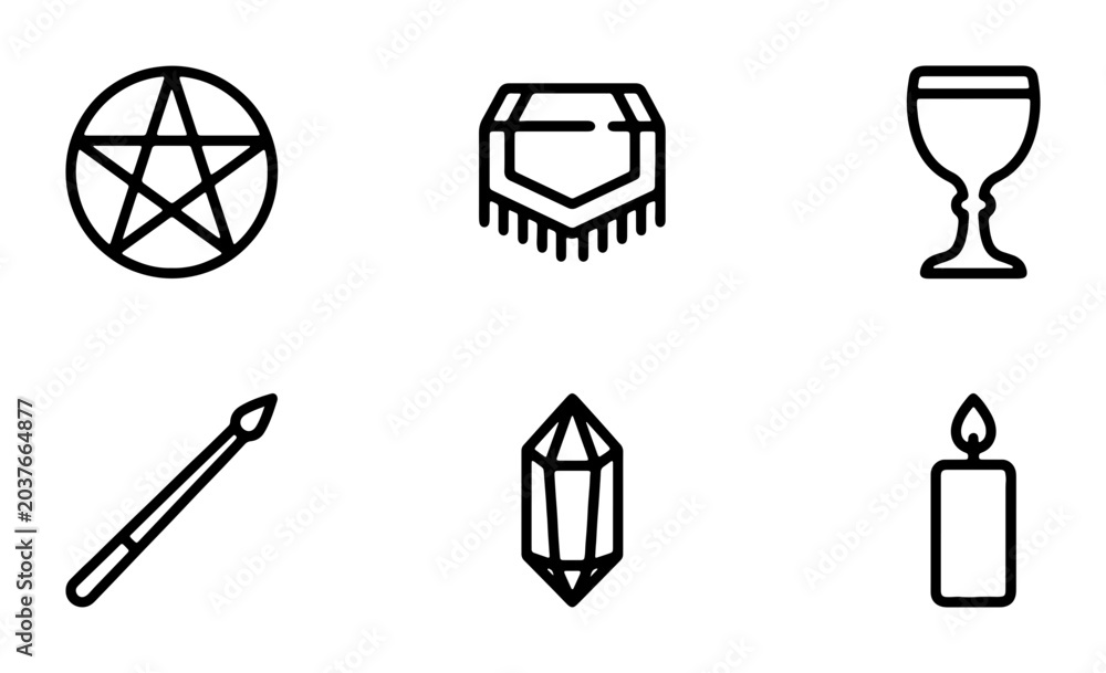 Obraz premium Mystic Symbols Set: Pentagram, Crystal, Wand, Chalice, Candle, Blanket Icons