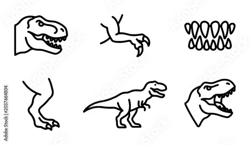 Dinosaur Icons Set: Tyrannosaurus Rex Head, Claws, Teeth, Legs, Full Body Vector Graphics