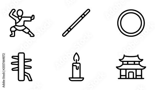 Φωτογραφία Martial Arts Icons Set, Kung Fu Warrior, Training Equipment, Zen Candle, Temple