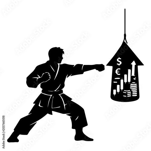 A high‑contrast vector silhouette collection blending martial arts discipline with financial symbolism — representing agility, precision, recovery, and dominance in global markets. Each design merges 