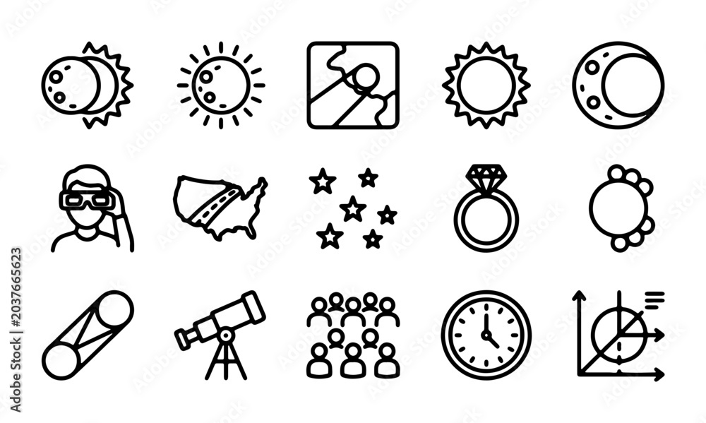 Fototapeta premium Astronomy & Science Icons: Sun, Moon, Stars, Telescope, Map, Ring, Chart, USA