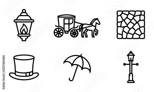 Obraz na płótnie Vintage Carriage, Lamp, Top Hat Icons: Victorian Era Set, 6 Elements, Vector Gra