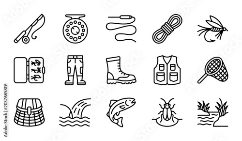 Schilderij op canvas Fly Fishing Icons Set: Rod, Reel, Tackle Box, Waders, Vest, Net, Fish, Bait, Riv