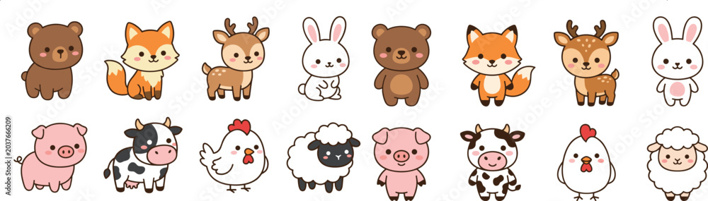 Fototapeta premium Cute Kawaii Cartoon Animal Character Set with Bear Fox Deer Rabbit Pig Cow Chicken Sheep for Kids Nursery Sticker and Clipart Designs