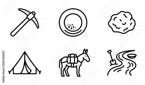 Bild auf Leinwand Gold Mining Icons Set, Prospecting Tools, Camp Gear, Donkey, River, Vector Graph