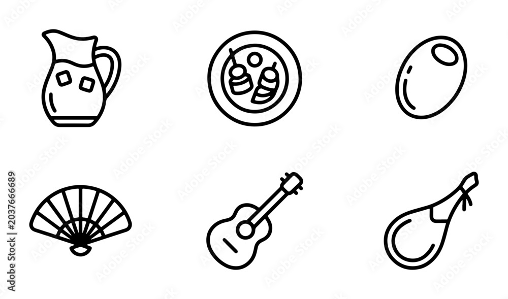 Αυτοκόλλητο Spanish Icons Vector Set: Sangria Pitcher, Tapas, Olive, Fan, Guitar, Ham