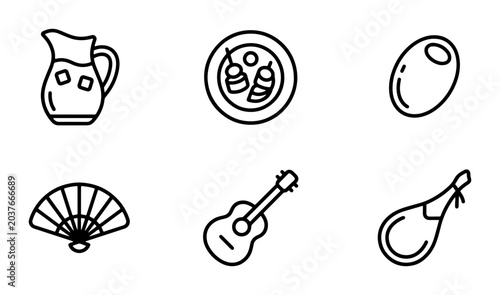 Εκτύπωση καμβά Spanish Icons Vector Set: Sangria Pitcher, Tapas, Olive, Fan, Guitar, Ham