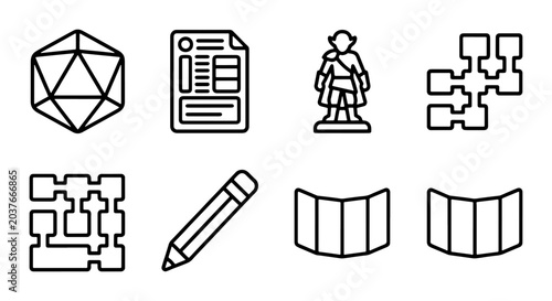 Photos RPG Game Icons, Dungeon Maps, Dice, Pencil, Character Figure, Vector Set