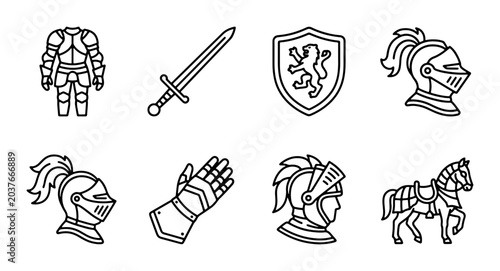 Foto Medieval Knight Armor Icons Set, Sword, Shield, Horse, Helmets, Gauntlet, Vector