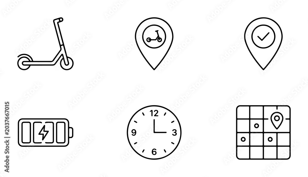 Fototapeta premium Electric Scooter Icons, Location Pins, Battery, Clock, Map Grid Vector Set