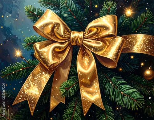 Close-up of a glittering, gold bow adorning a lush, evergreen tree. Sparkles and a festive ambiance fill the frame