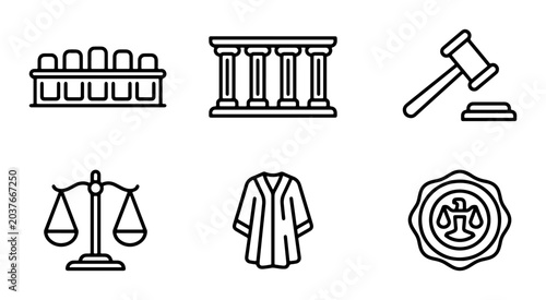 Tableau sur toile Law Icons Set: Justice Scales, Gavel, Courtroom, Judge Robe, Seal, Legal Symbols
