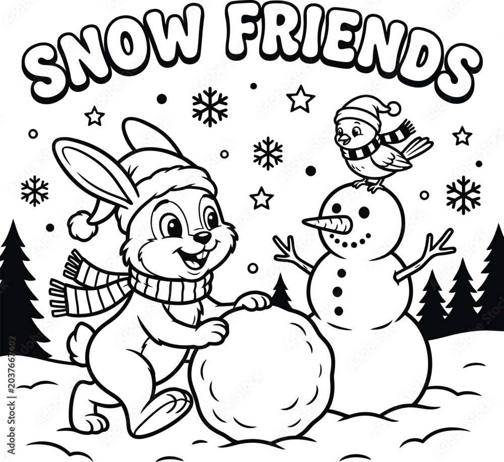 Fototapeta premium Cute cartoon rabbit building a snowman for coloring page with coloring, activity