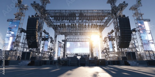 Large concert stage structure with lighting screens and sound equipment outdoors under the sun