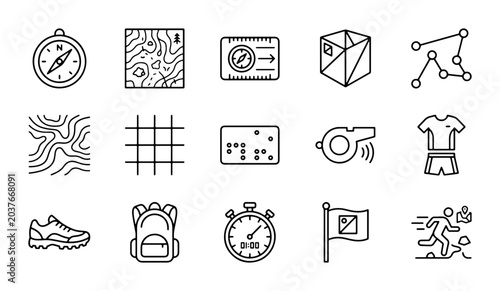 Fotografie Orienteering Icons Set: Compass, Map, Stopwatch, Whistle, Backpack, Shoes, Runne