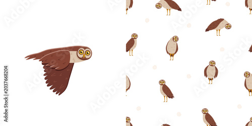 Set of cute cartoon owl and seamless pattern. Vector background illustration of cartoon forest night birds.