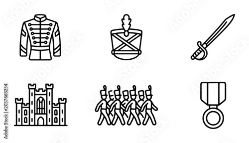 Foto Military Uniform Icons Set, Marching Soldiers, Castle Building, Sword Weapon, Me