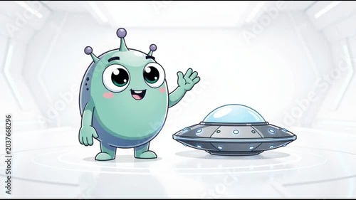 Friendly Alien Character Waving Next to UFO in Futuristic Lab