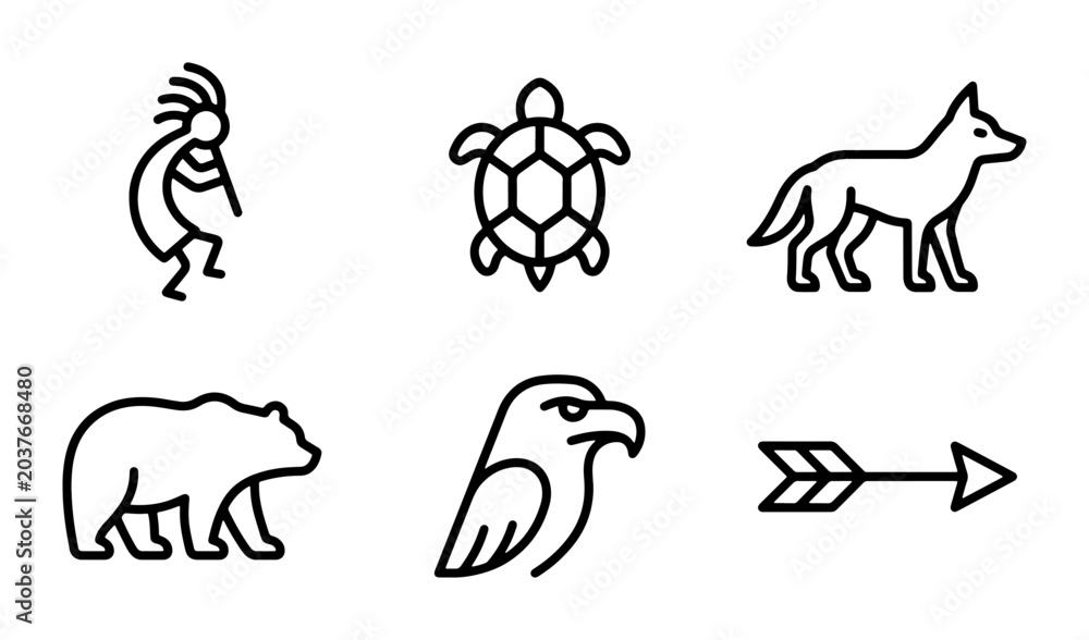 Obraz premium Native American Icons: Kokopelli, Turtle, Coyote, Bear, Eagle, Arrow Symbols