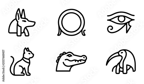 Fotografie Ancient Egyptian Icons: Anubis, Cat, Eye of Horus, Crocodile, Ibis, Circle Symbo