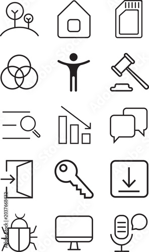 Vector line icon set featuring business analysis, legal gavel, security key, and communication symbols
