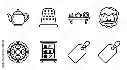 Schilderij op canvas Vintage Tea Set Icons, Thimble, Cabinet, Tag, Decorative Element, Vector Graphic
