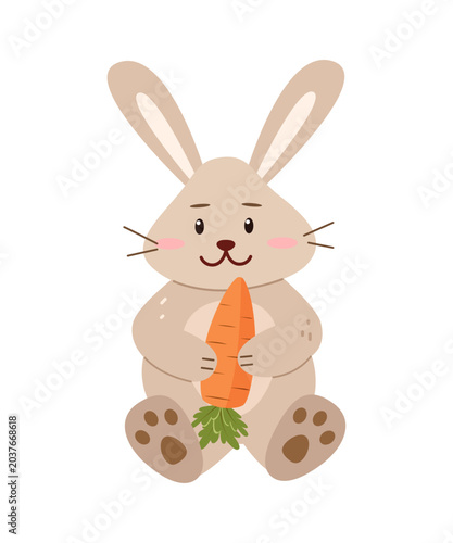 Cute cartoon bunny, hare with carrots. Vector illustration little rabbit. Print for nursery, poster and postcard.