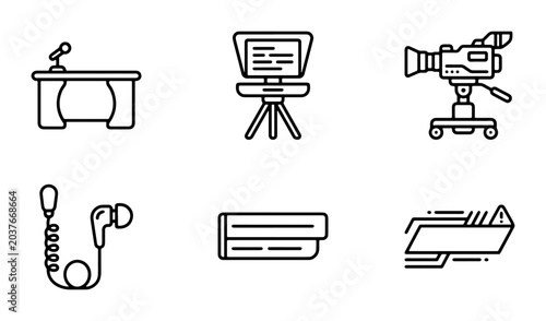Cuadro en lienzo Broadcast Studio Icons, Media Production Equipment, News Desk, Teleprompter, Cam