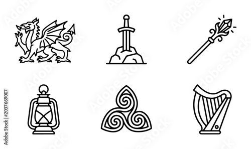 Фотография Fantasy Icons Set: Dragon, Sword in Stone, Magic Wand, Lantern, Celtic Knot, Har