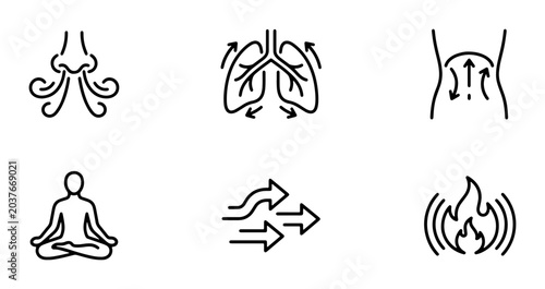 Bild auf Leinwand Breathing Exercise Icons, Yoga Meditation, Respiratory System, Airflow, Body Hea
