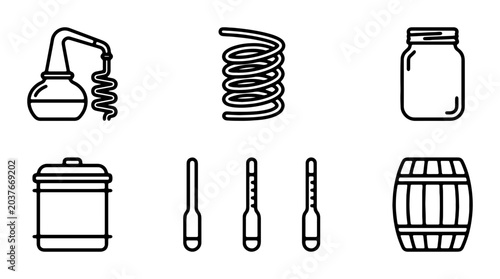 Fotografi Distillery Equipment Icons: Still, Coil, Jar, Barrel, Hydrometers, Vector Set