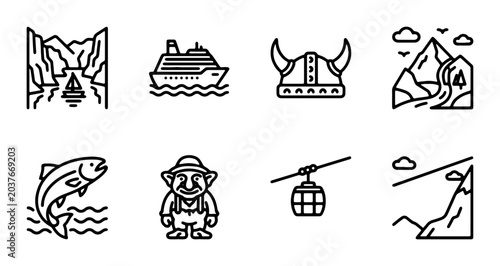 Fotografie Nordic Adventure Icons: Viking Helmets, Fjords, Mountains, Fish, Trolls, Cruise