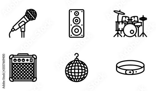 Konstfotografi Music Icons Set: Microphone, Speaker, Drum Kit, Amp, Disco Ball, Tambourine Vect
