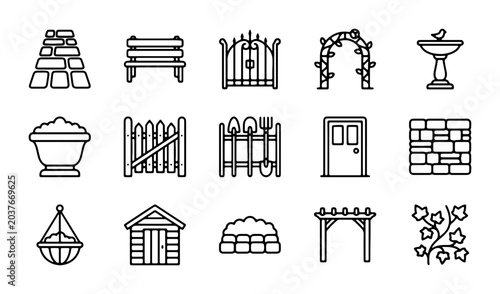 Garden Elements Vector Icons: Pergola, Bench, Gate, Shed, Birdbath, Tools, Arch