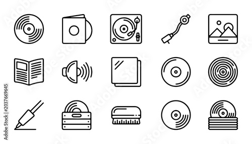 Foto Vinyl Record Icons Set, Retro Music Player Graphics, Vintage Audio Equipment Vec