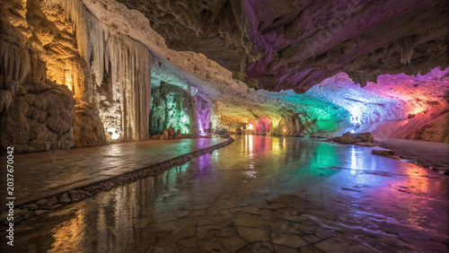 Illuminated Underground Cave with River