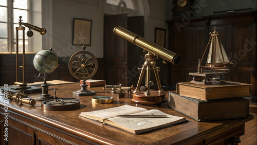Vintage Scientific Instruments on Wooden Desk