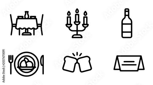 Restaurant Icons Set: Dining Table, Candlestick, Wine Bottle, Plate, Toast, Menu Card